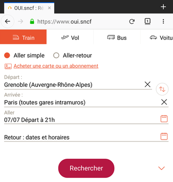 Oui.sncf on Firefox Mobile with the OUI-Light addon